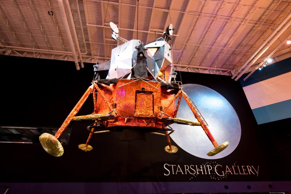 Suspended from the ceiling, gaze at the Lunar Module LTA-8 that was used for testing at Johnson Space Center. Photo courtesy of Space Center Houston.